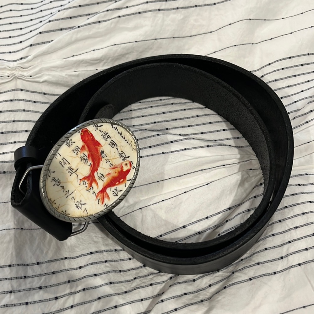 Black belt with ceramic koi buckle